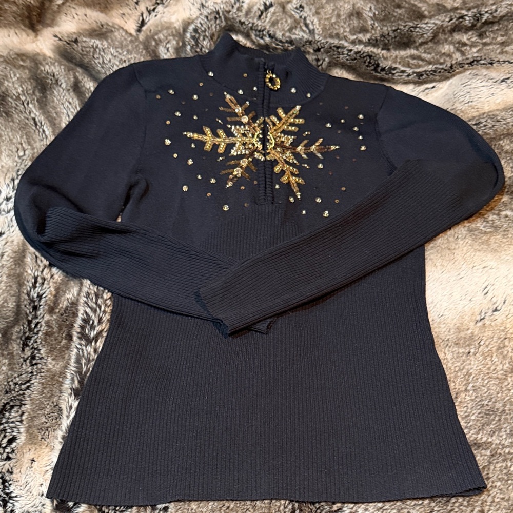 Boston Proper Black Sweater with Gold Snowflake